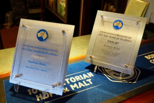 A photo of the awards for dining the Poowong Hotel has received.
